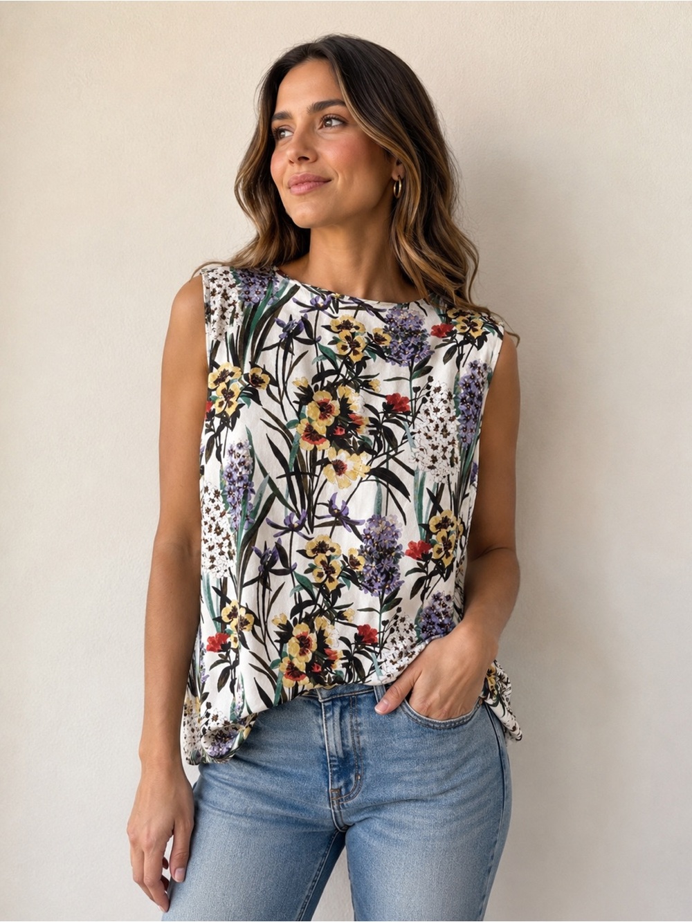 Tommy Hilfiger Floral Sleeveless Print Tunic in Green, Purple, Black, Size XXL